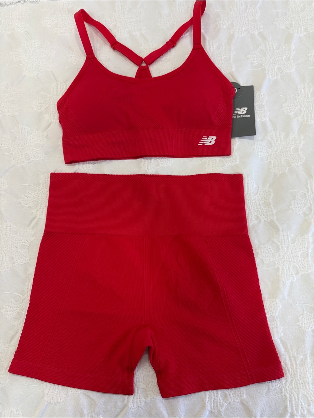 New Balance women Red Ribbed High-Waist Bike Shorts Set